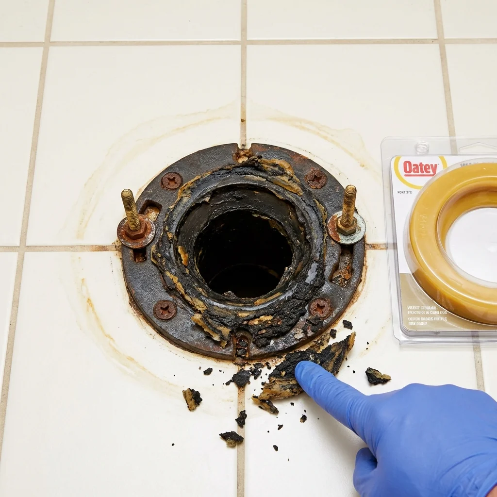 Failed wax ring showing water seepage at the base of a toilet in a Oakdale, LA home