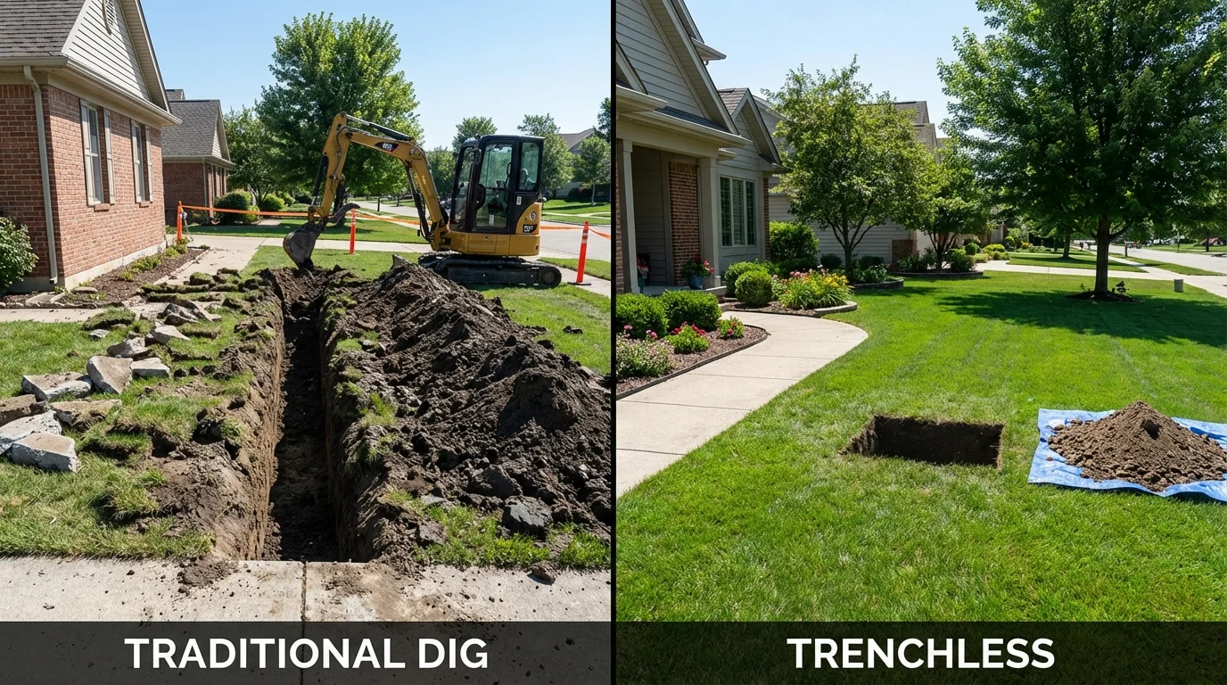 Trenchless sewer repair with minimal yard damage versus traditional excavation in Oakdale, LA